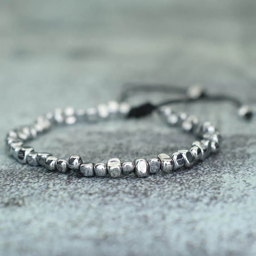 Antique Men Bracelet Silver Irregular Hematite Stone Braclet Women Hip Hop Biker Lacing Adjustable Brazlets Beaded Accessories