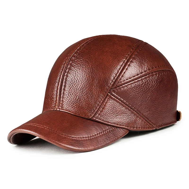 High Quality Genuine Leather Baseball Cap Men Real Leather Snapback Brown/Black Cowhide High Quality Autumn Winter Dad Hat