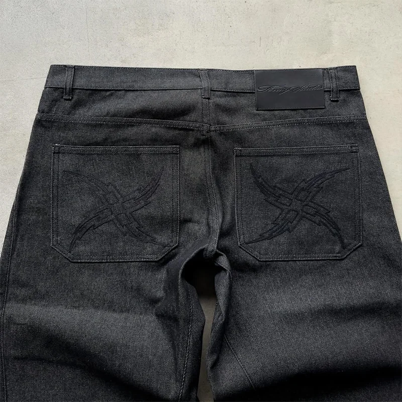 Y2K-pantalones vaqueros Vintage de alta calidad con patrón X abstracto, bolsillos traseros bordados, vaqueros de pierna recta negros, ropa de calle de moda para hombres y mujeres