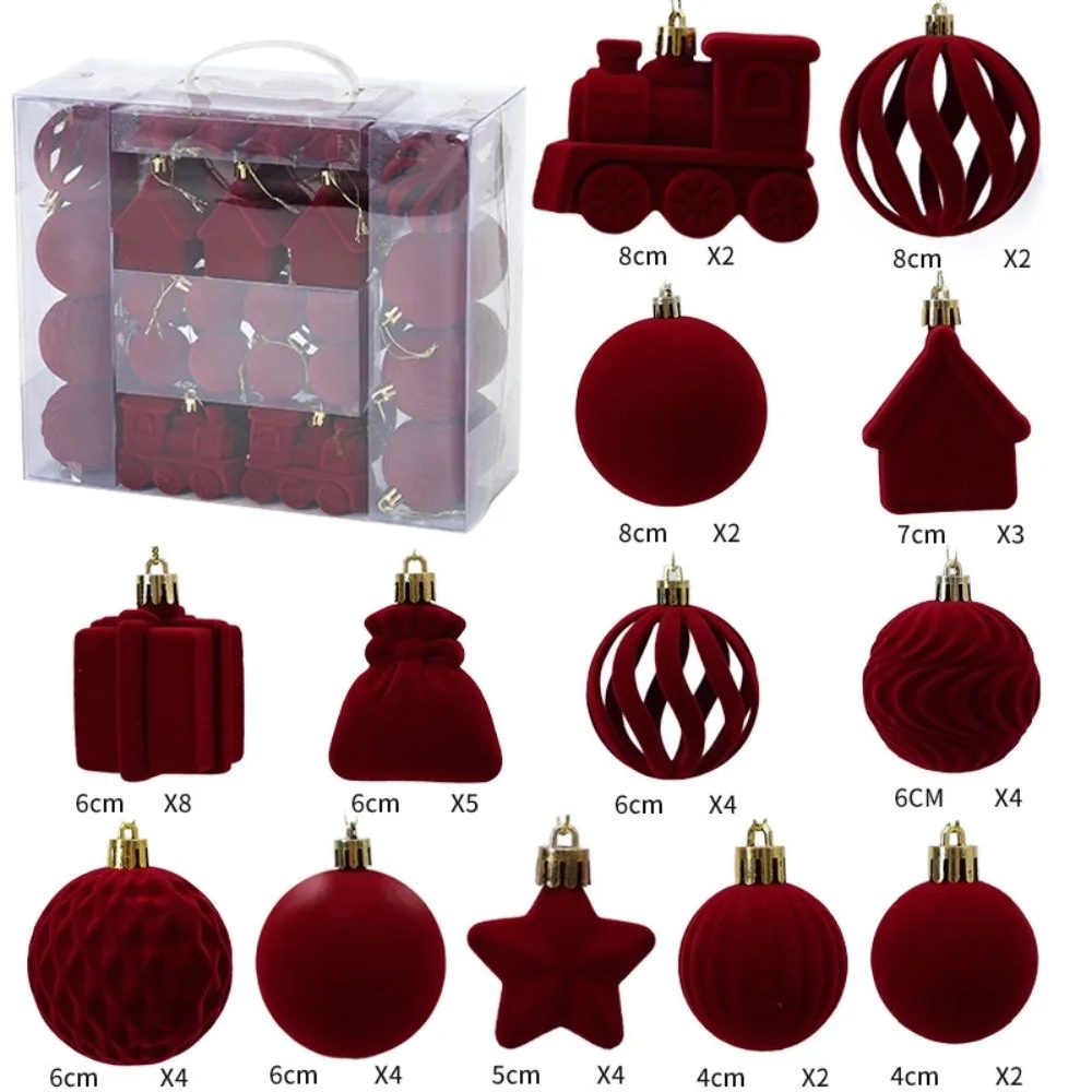 50pcs Flocked Christmas Balls Velvet Assorted Size Christmas Ornaments Irregular Shape Shatterproof Xmas Hanging Decorations
