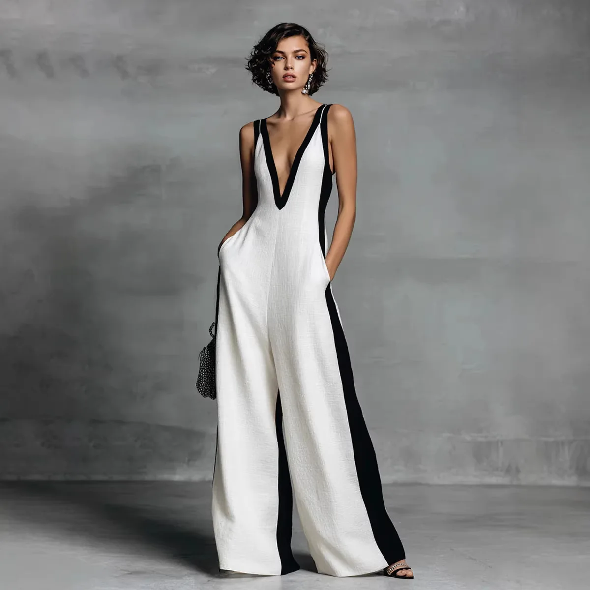 

Women's Black & White Sleeveless Jumpsuit Deep V Neck Wide Leg Contrast Panel Pocketed Formal Office Vintage Casual Romper