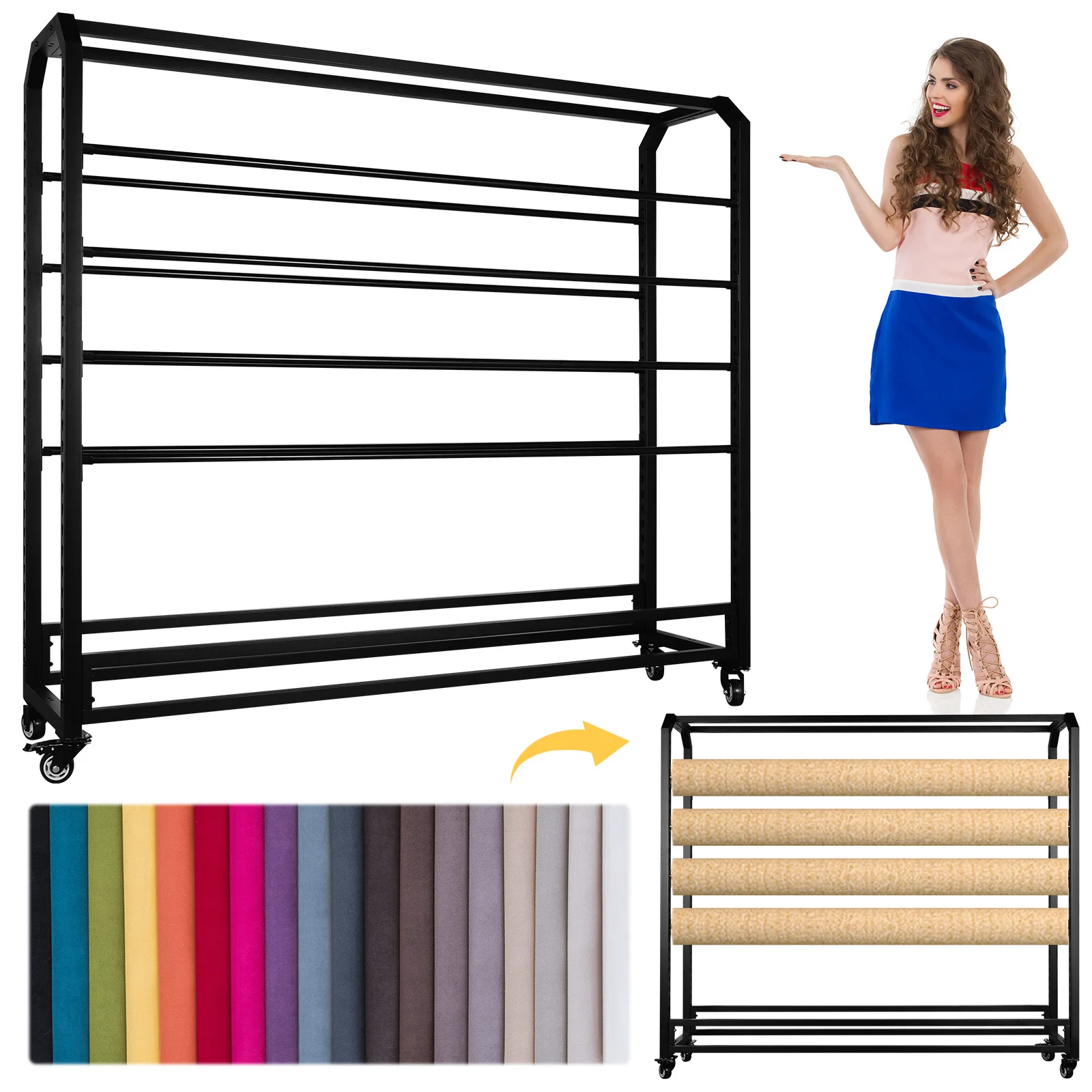 

Fabric Roll Storage Rack with Wheels Movable Organizer Holder Wear Resist Fabric Display Shelf for Curtain/Wallpaper/Tablecloth