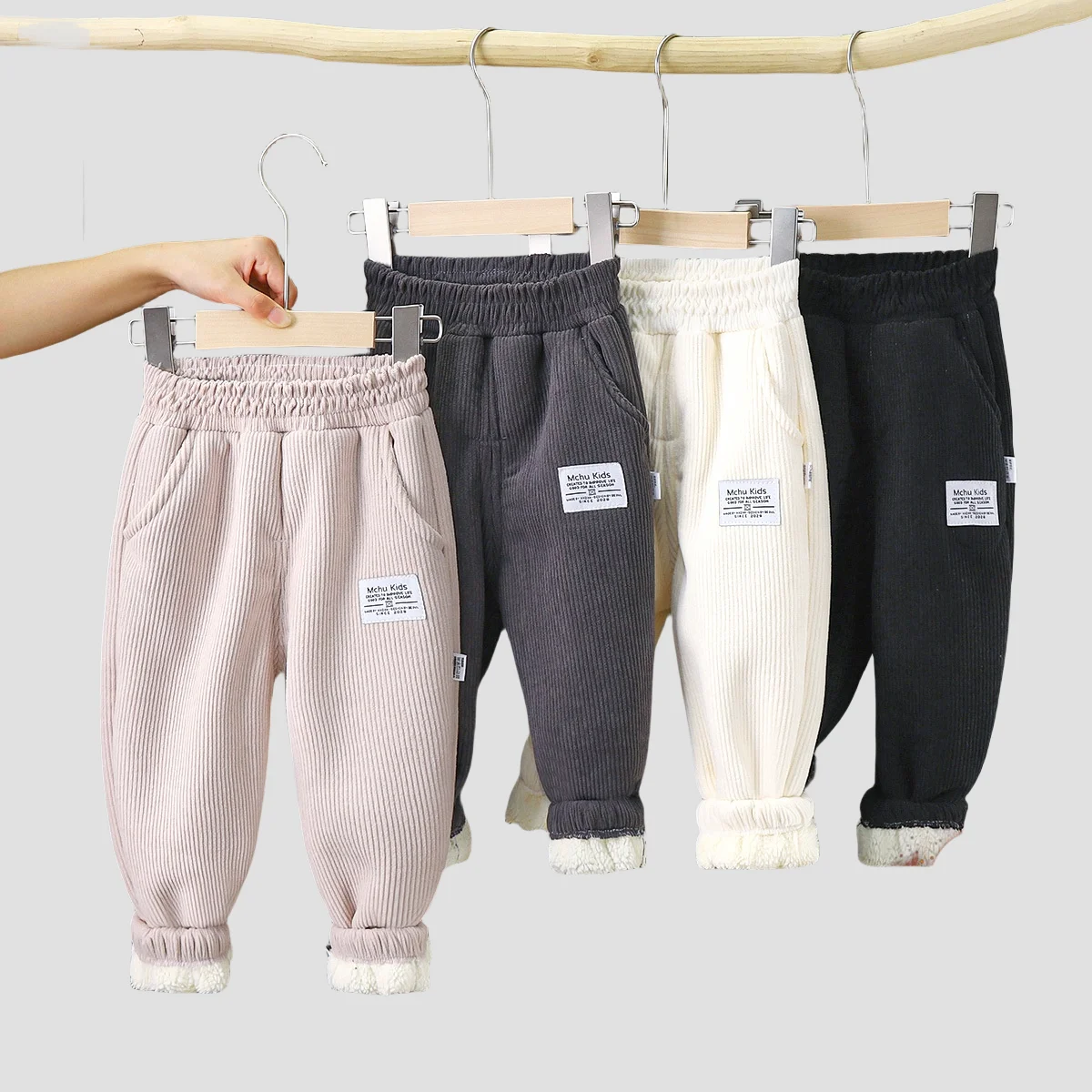 

Winter Kids Corduroy Pants Fleece Lined Warm Thickened Trousers Elastic Waist Patch Detail Casual Sporty for Boys And Girls