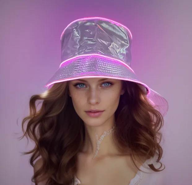 2024 Cool Silver Patent Leather Wireless Glowing LED Bucket Hats for Men Women Fisherman Hat Outdoor Sunscreen Caps Dance Décor