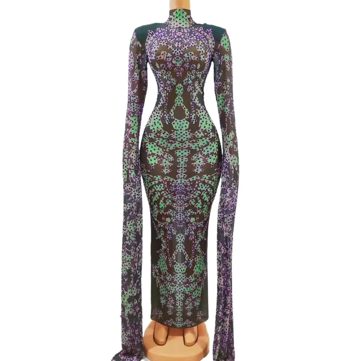 

Fashion High-end Turtleneck Multi-color Rhinestone Long-sleeved Black Mesh Elegant Dress Vestidos Elegantes Para Bodas Invitados