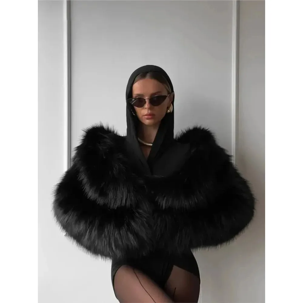 Black Faux Fur Coat for Women Autumn Winter Plush Wool Coats Black Wool & Blends Coats Outerwears Long Sleeve Warm Fur Coat