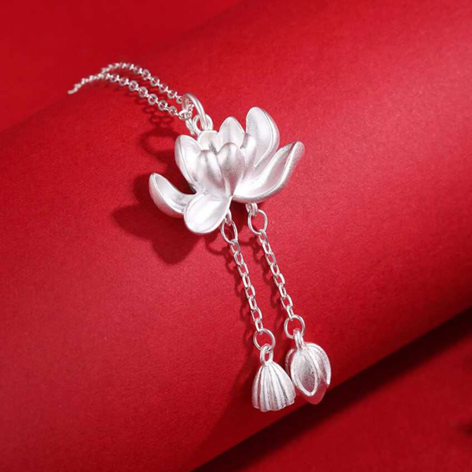 

Pure 999 Fine Silver Pendant For Women Tassel Lotus Choker Chain Rolo Necklace Charm Joy in Two Lifetimes Christmas Gift Lucky