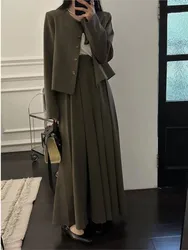 Autumn New Women Casual Formal Blazer and Long Skirts Suit Vintage Business Suit Jackets Midi Saya Two Pieces Female Outfits