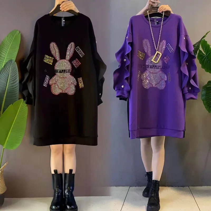 Korean Oversized Purple Loose Hoodie Dress Women Casual Cartoon Ruffle Long Sleeve Sequins Fall Winter Sports Sweatshirt Dresses