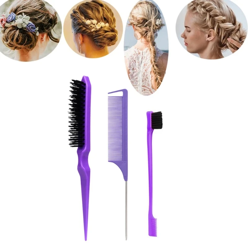 3Pcs Slick Back Hair Brush Set Bristle Hair Brush Brush Teasing Comb for Women Baby Kids Black Hair