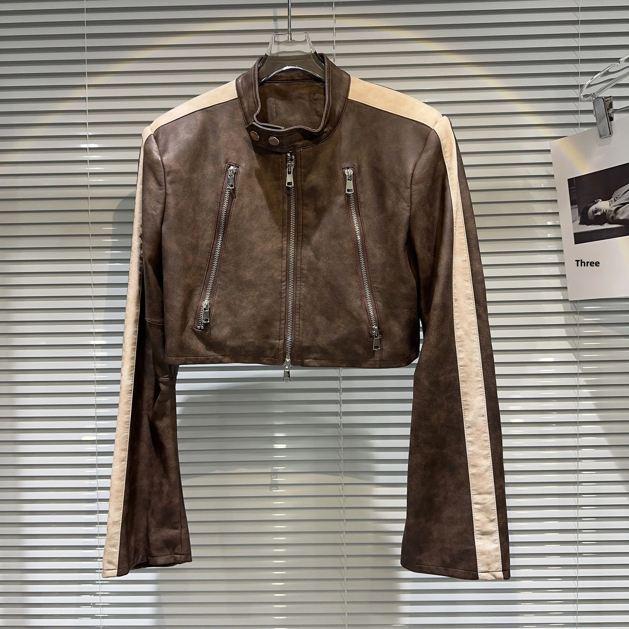 الشارع Sle الجلود Jaet تصميم مزدوج سستة الأصلي الإبداعية الساخنة فتاة ort معطف طويل Sve الوقوف طوق سستة إغلاق