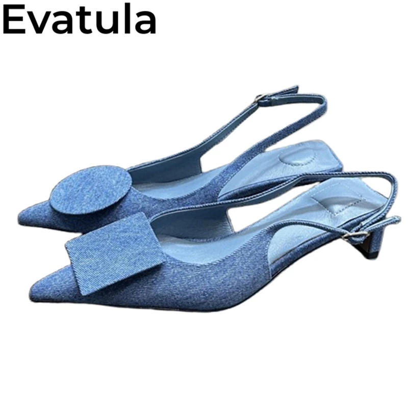 

2024 Summer Novel Pointy Toe Denim Mid Heel Sandals Women Square Circle Slingbacks Shoes Fashion Party Dress Sandalias Femininas