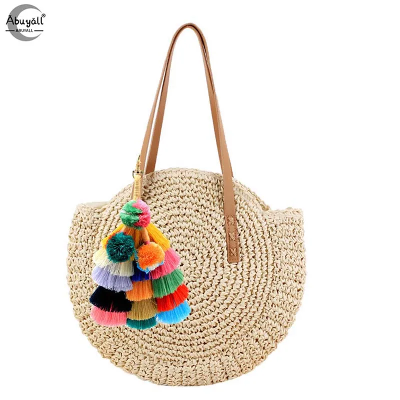 Abuyall Women Round Straw Shoulder Bag Weave Handmade  Top-handle Handbag With Pompom Ball Bohemian Tote Summer Beach Purse