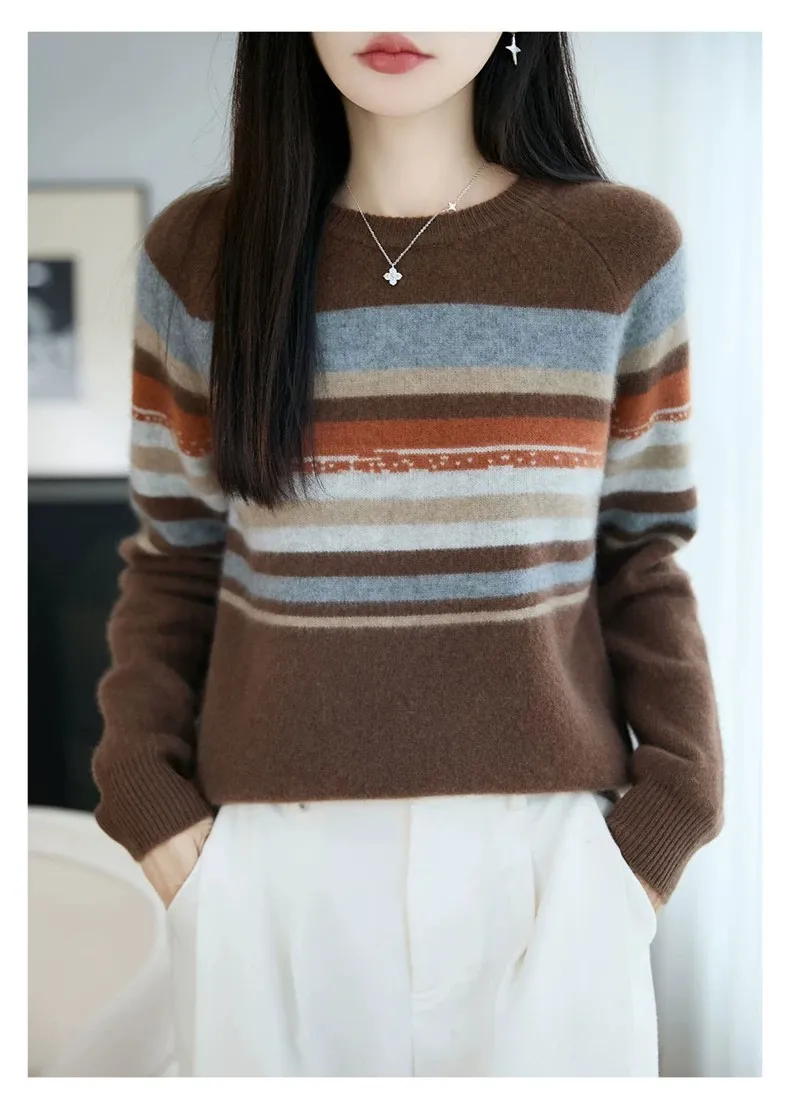 Autumn and winter 100% pure wool striped retro style round-neck wool knit women's long-sleeved versatile sweater top