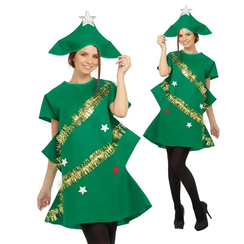 Cute Parent-Children Cosplay Costume Christmas Tree Shaped Short Sleeve Dress for for Women Kids Girls Xmas Clothes