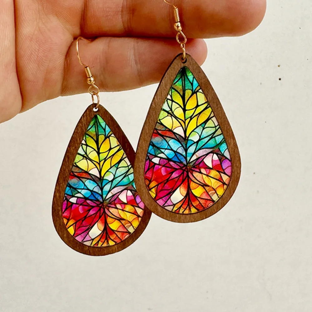 Kaleidoscope Pattern Mosaic Stained Earrings Dangle Earring Vintage Colorful Statement Earrings Acrylic Wood Water Drop Earrings