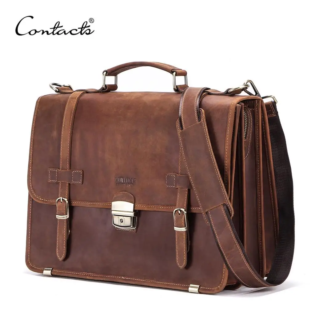 CONTACT'S Men's Bag Crazy Horse Leather Briefcase Men Business Bag For 14