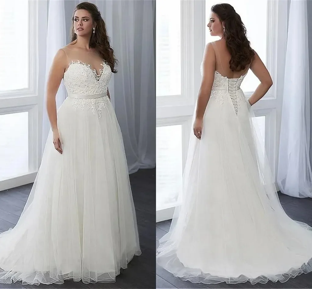 Sexy A Line Wedding Dresses Sheer Jewel Neck 2024 Appliqued Long Plus Size Tulle Bridal Gowns Lace-up Back Vestidos De Novia