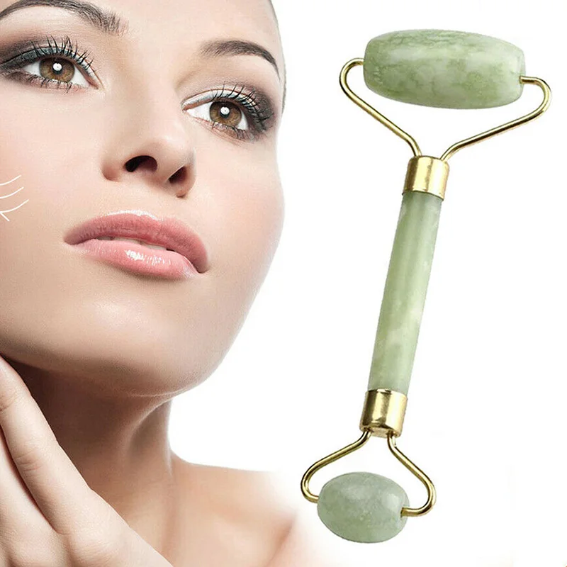 Double Head Green Facial Massager Roller Natural Jade Stone GuaSha Slimming Face Body Head Neck Natural Massage Tool