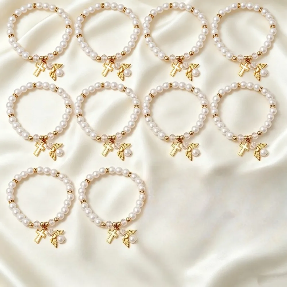 3/6/12 Pulseras de cuentas con alas de ángel y cruz, regalos religiosos para bautizo, primera comunión, Pascua, Semana Santa, ceremonia de iglesia, recuerdos.