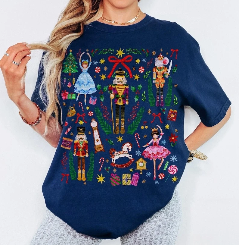 Noël Vintage casse-noisette femmes Cottagecore vacances beaux coton t-shirt drôle Style décontracté col rond manches courtes régulières