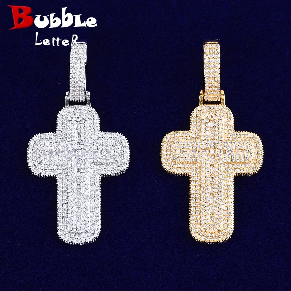 

Bubble Letter Iced Out Baguette Two Layers Cross Necklace Pendant for Men Real Gold Plated Hip Hop Jewelry