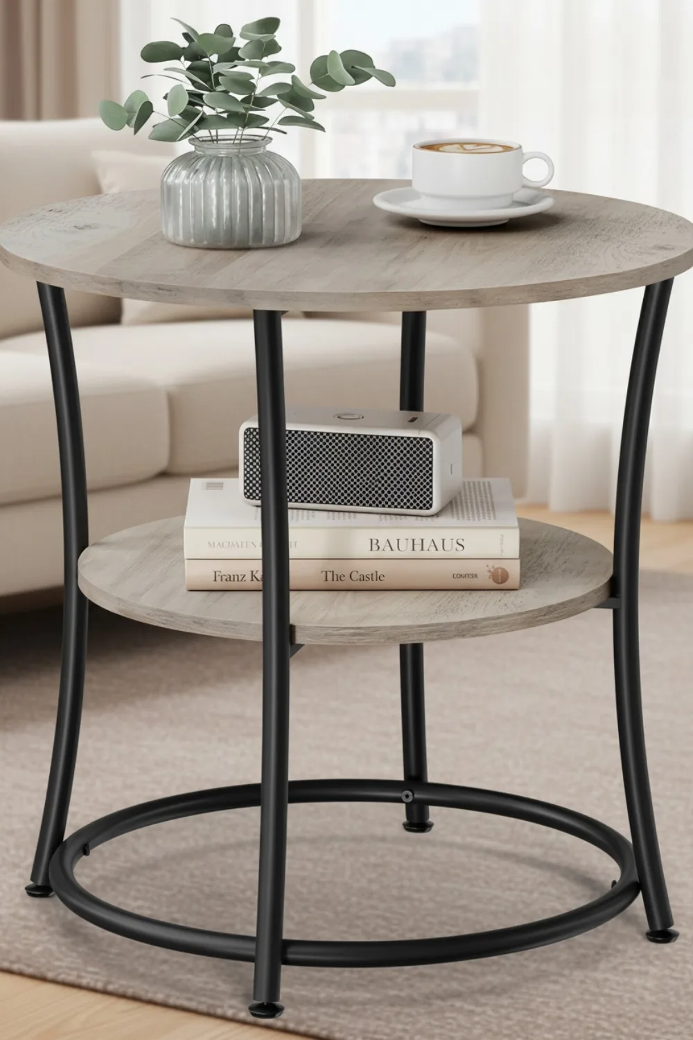 スチールフレーム付き2段ラウンドエンドテーブル、狭いスペース用の調節可能な脚、リビングルームとベッドルーム用、ヘザーグレーとインクブラック