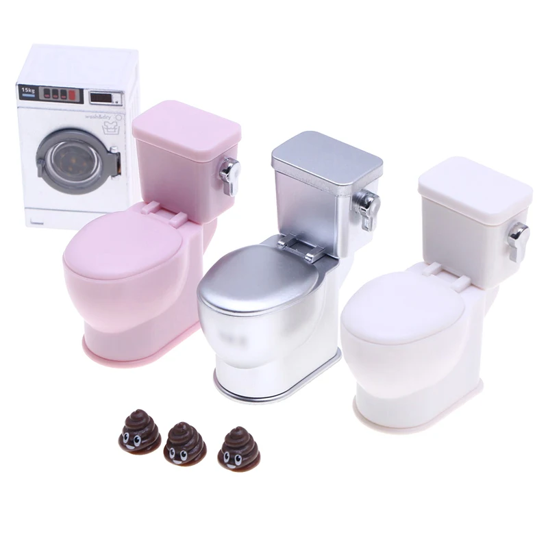 1Set 1:12 Dollhouse Miniature Toilet W/Poo Flushing Sound Bathroom Model Simulation Doll House Scene Decor Kids Pretend Play Toy