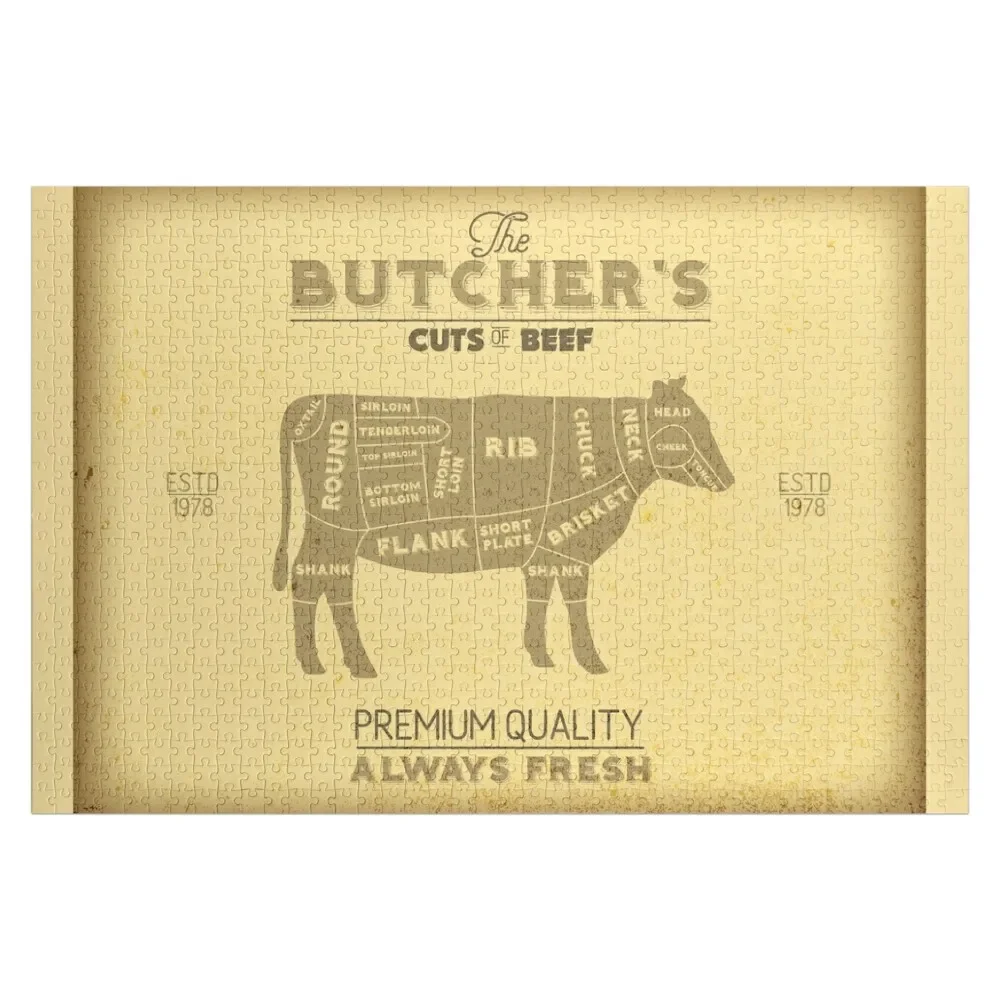 Vintage Butchers Shop Print of Cuts of Beef Jigsaw Puzzle Game Children Wooden Boxes Puzzle