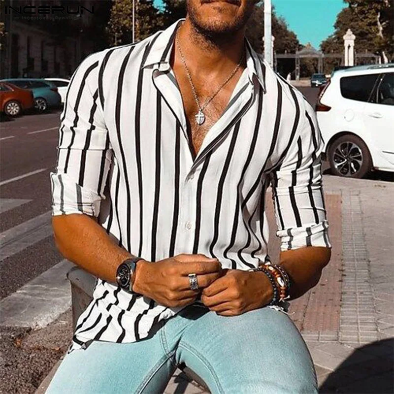 

2024 Men Striped Shirt Solid Color Lapel Long Sleeve Button Men Clothing Fitness Streetwear Fashion Casual Camisas S-5XL INCERUN