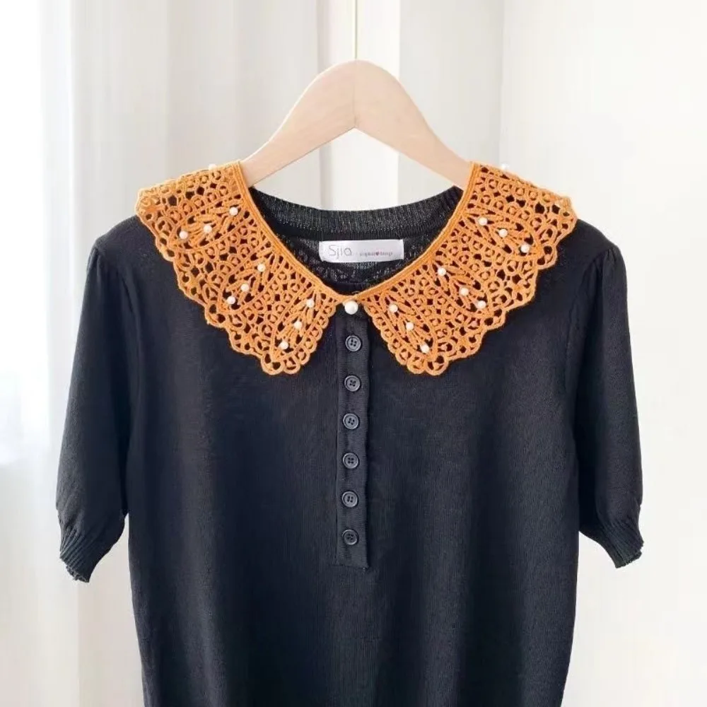 

Elegant Floral Lace Fake Collar Shawl Design Lace Detail Detachable Collar Ruffled Trim Shirt Collar Women's Fashion