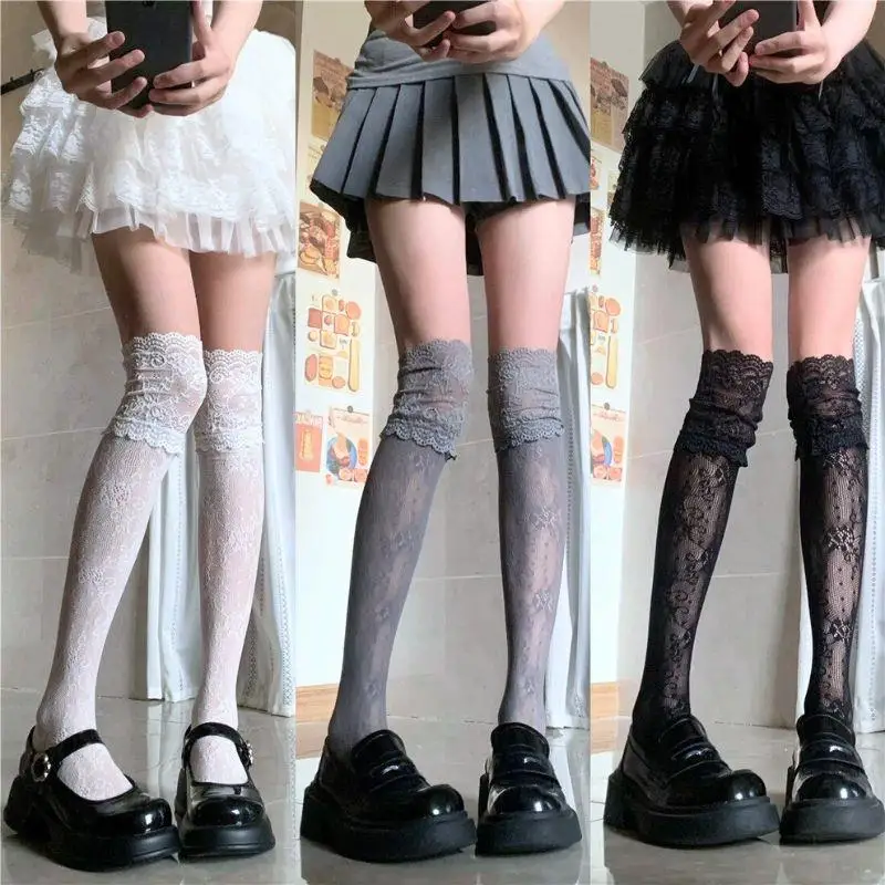 

2025 Women Flower Lace Fishnet Thigh High Stockings Y2K Japanese Style JK Girl Sweet Lace Trim Frilly Over Knee Long Socks