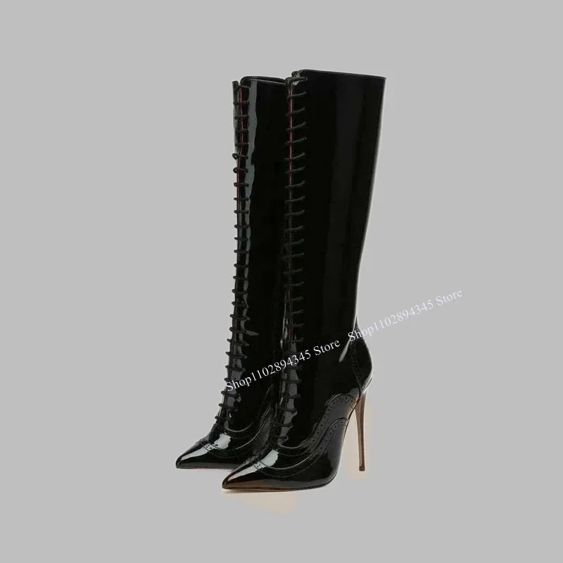 

Black Patent Leather Lace Up Boots Thin High Heel Knee High Fashion Cool Sexy 2024 Casual Big Size Woman Shoes Zapatillas Mujer