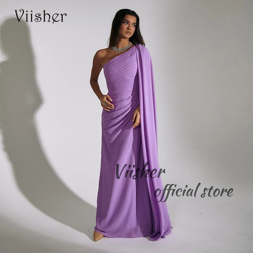 

Viisher Lavender Chiffon Mermaid Evening Dresses One Shoulder Arabian Dubai Formal Prom Dress Floor Length Evening Party Gowns