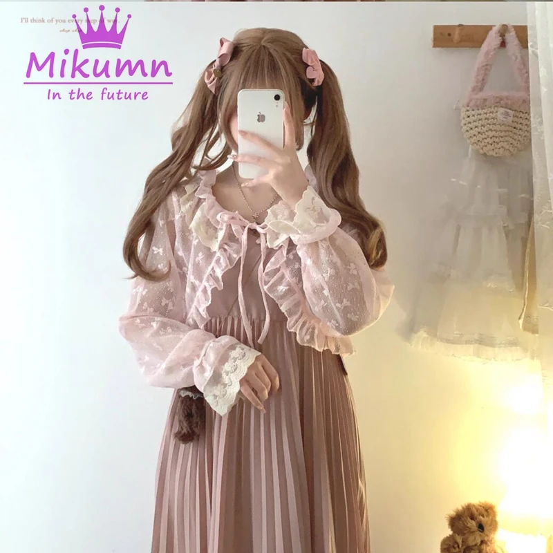 Mikumn Harajuku Y2k Kawaii Pink Lace Shirts Japanese Lolita Style Short Cardigan Women Sweet Mesh Ruffles Lace-up Cute Crop Tops