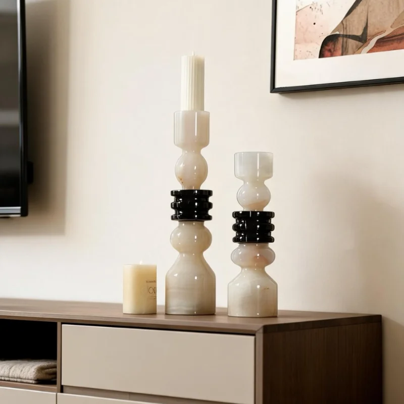 Luxury Candle Holders Marble Black‑white Contrast Pillar Candlesticks Modern Simple Desktop Ornament Entryway Home Decoration