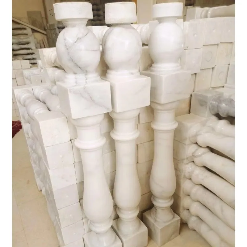 

Designer custom hand-carved white marble railing pillar modern stair railing