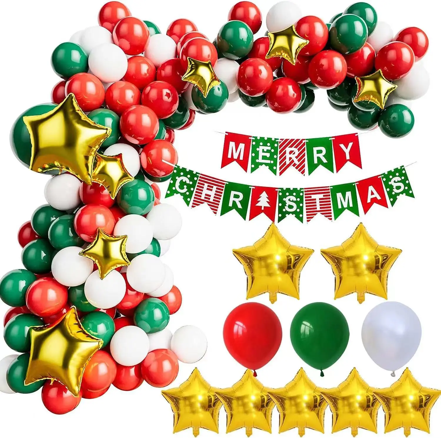 

131pcs Christmas Balloon Garland Kit - Merry Christmas Flag, Gold Pentagram Balloons and Red Green White Balloons for Christmas