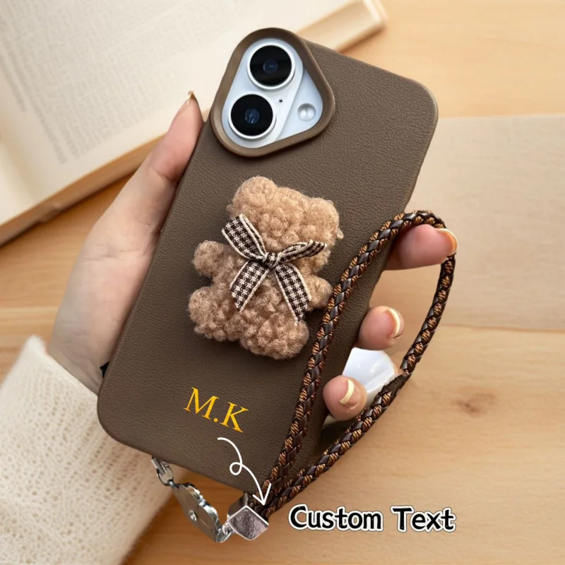 

1 шт. Персонализированный индивидуальный чехол для телефона из одного упаковки с плюшевым мишкой и бантиком, индивидуальное имя с буквами, доступно в белом цвете и Бр.