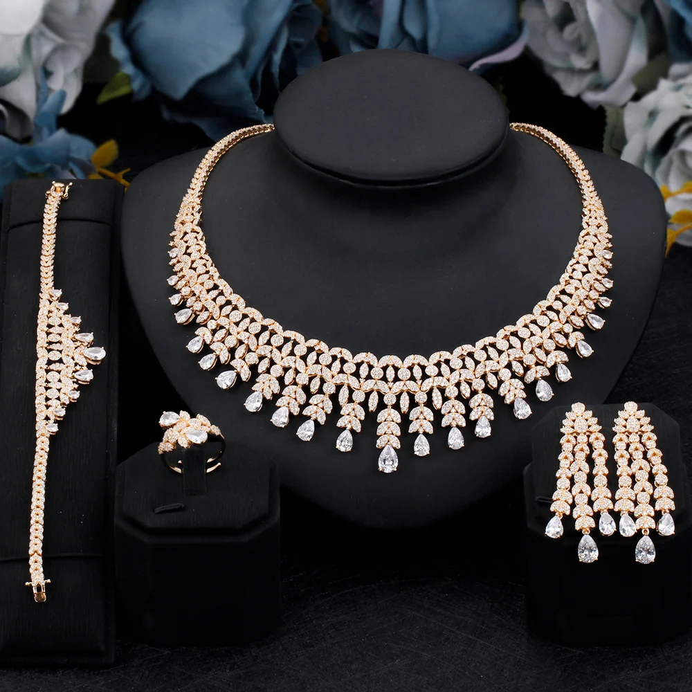 Bride Talk Luxury 4 PCS Jewelry Sets Cubic Zirconia  Tassels Design Dubai Women Wedding Engagement High Quality Jewelry