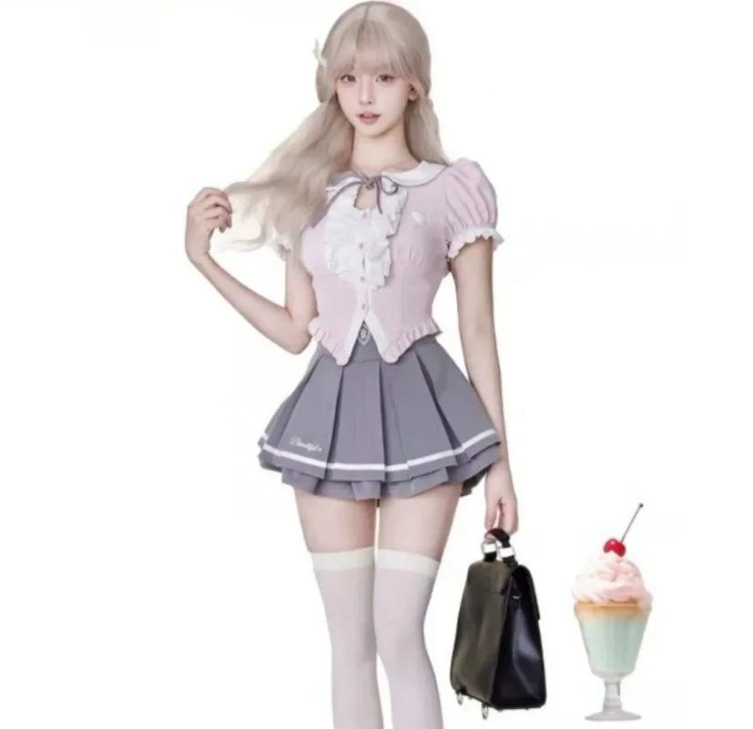 

Y2k модные милые розовые рубашки с пышными рукавами женские + серые юбки трапециевидной формы с высокой талией и рюшами, новинка лета 2024, комплекты из двух предметов