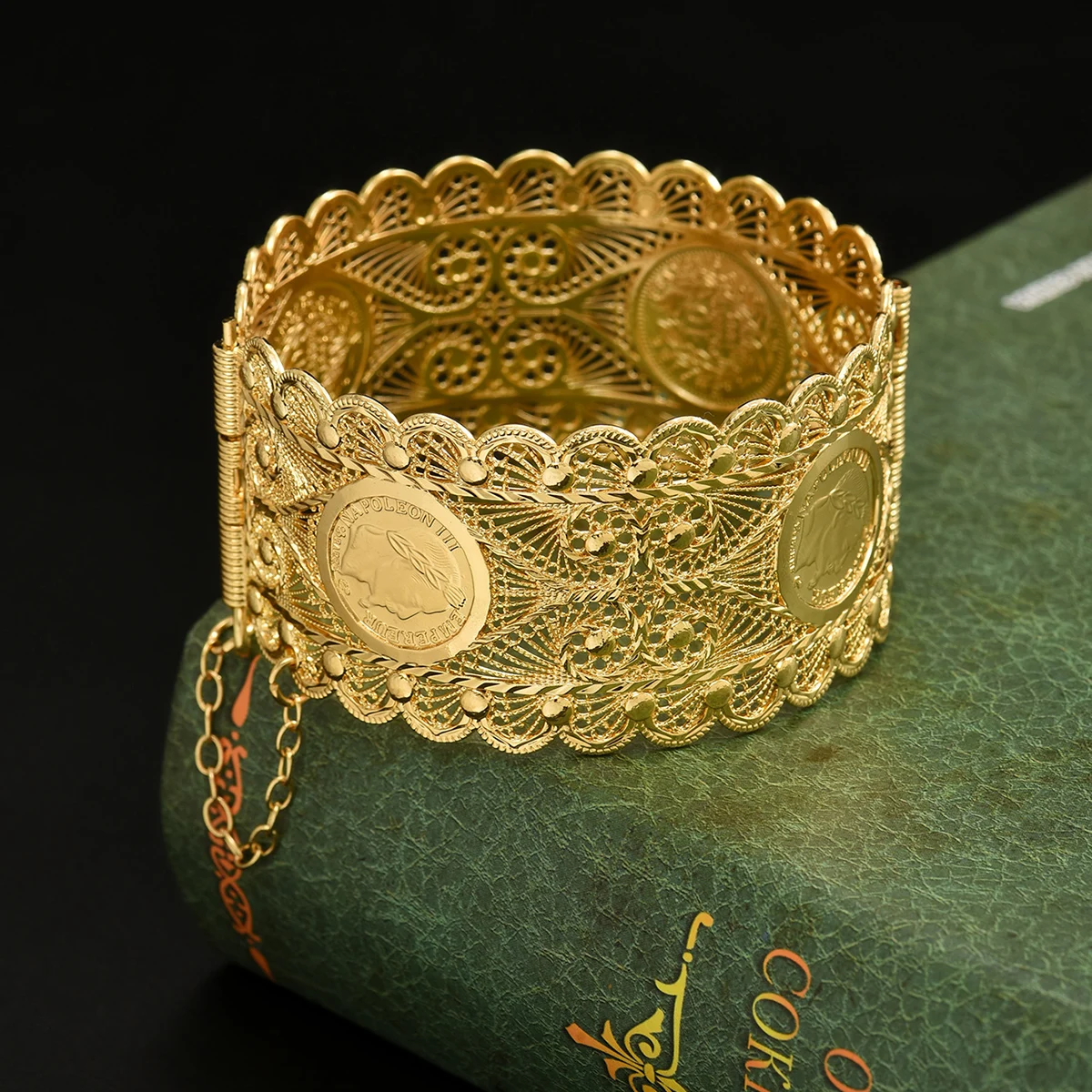 An Algerian Bride's Bracelet Jewelry With Napoleon Graphic Coin Design Finely Carved, A Wrist Accessory For Wedding Dress