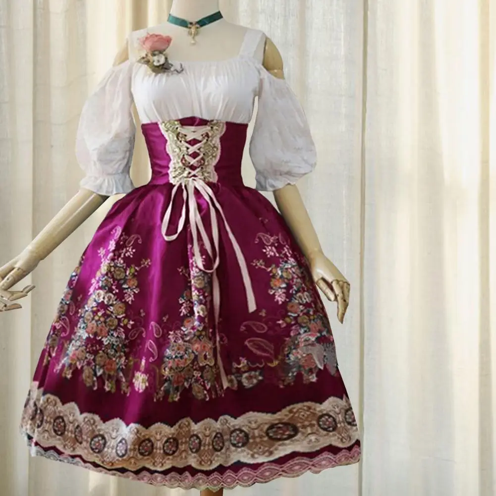 Lolita Costume Elegant Lolita Princess Style Performance Dress with Lace Floral Printing Off Shoulder Design for Halloween