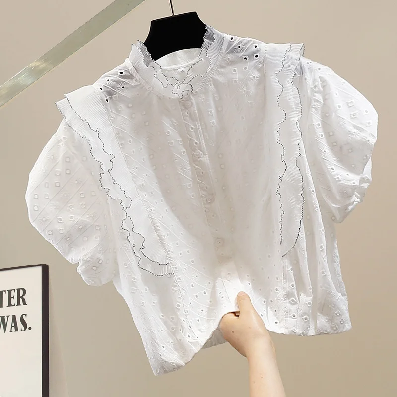 

Модный плиссированный топ с рюшами и короткими рукавами-фонариками, свободного кроя, с лоскутным дизайном, повседневный, стройнящий, для офиса и на каждый день, летний.