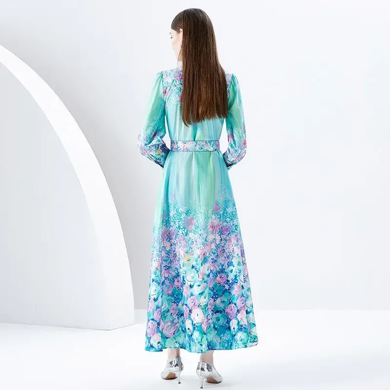 TRAF Gorgeous Holiday Flower Maxi Dress New Women's Stand Collar Long Lantern Sleeve Floral Print Sashes Ruffles Robe Vestidos