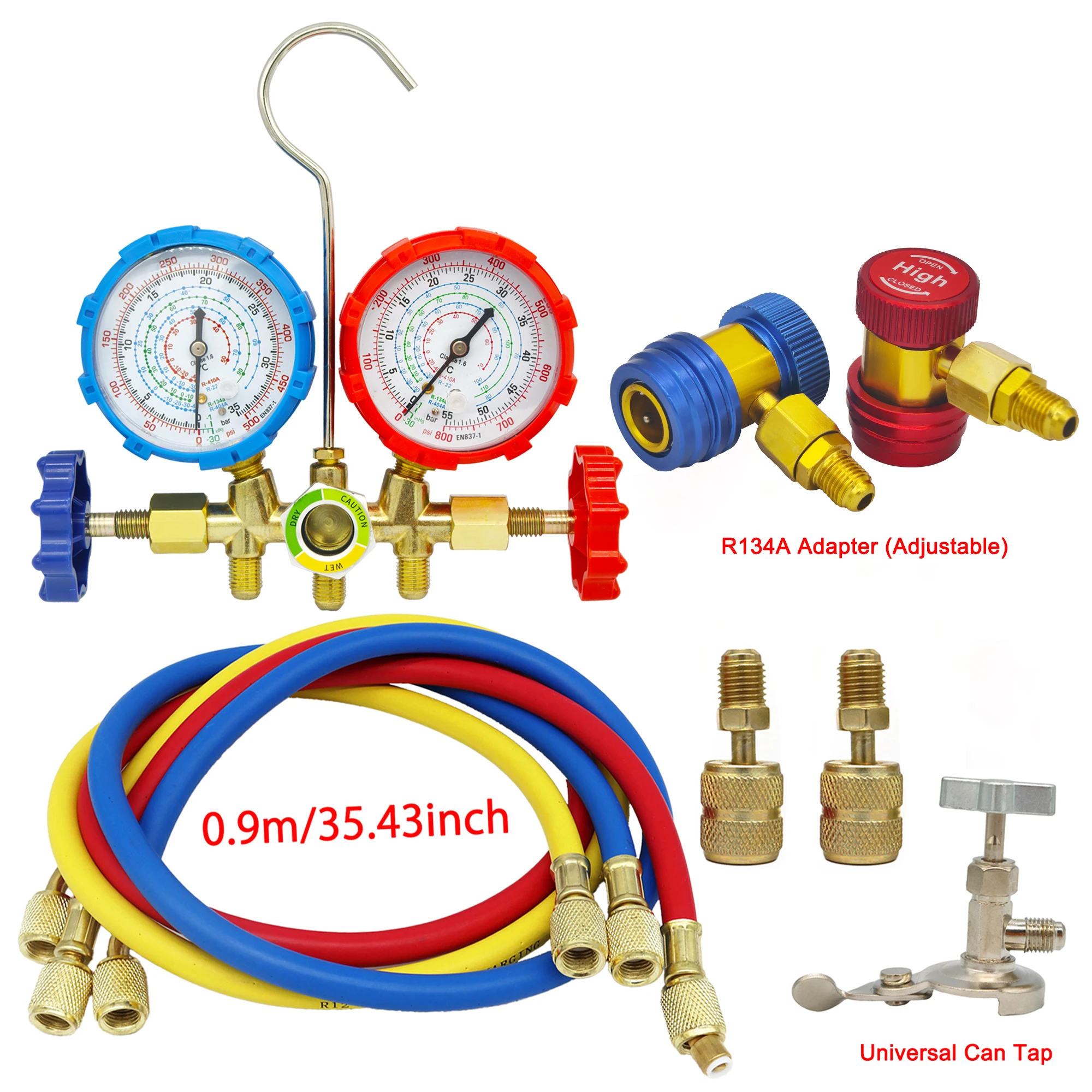 HVAC AC Manifold Gauge Set, R410A R22 R134a R404A Refrigerant Charging Testing Kit with 3 Color Hoses for Car Home Service