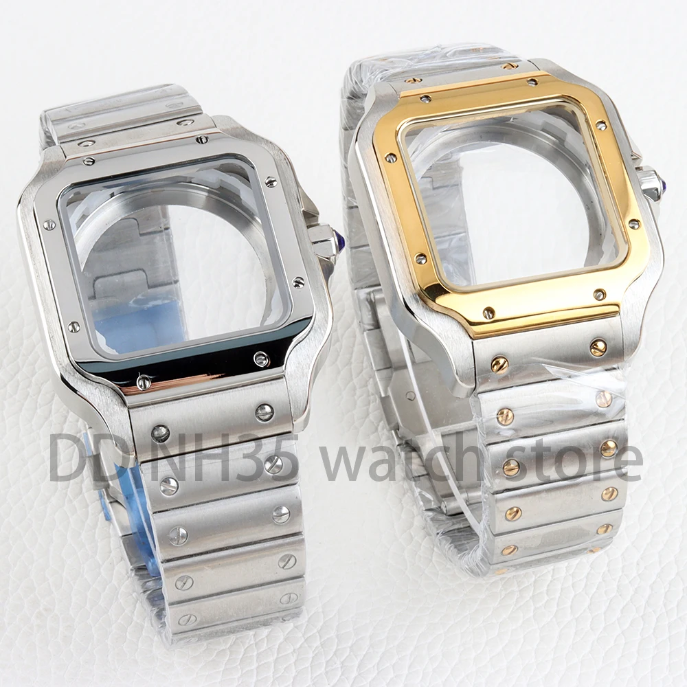 38mm NH35 Watch Case Silver/Gold 316L Stainless Steel Bracelet for Santos NH35 NH36 NH38 Movement 27mm Dial Waterproof Case