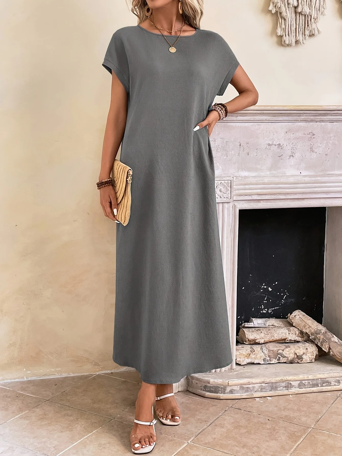 

Women's Summer Solid Color Round Neck Bat-Sleeved Ice Silk Casual Long Skirt Slim Loose Plus Size Commuter Dress