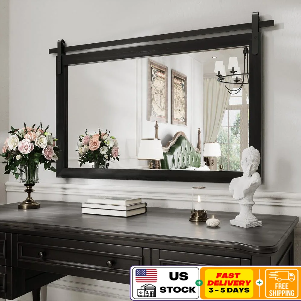 Large Wood Framed Farmhouse Bathroom Mirror 40x26INCH Square Vanity Barn Door Style Wall Mounted Mirrors Decorative Wood Grain