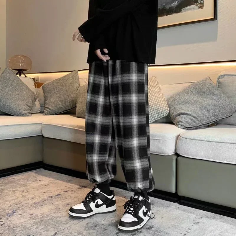 Pop Plaid Pants Men Fashion Retro Color Contrast Casual Pants Men Streetwear Loose Hip-hop Straight Pants Mens Trousers M-3XL